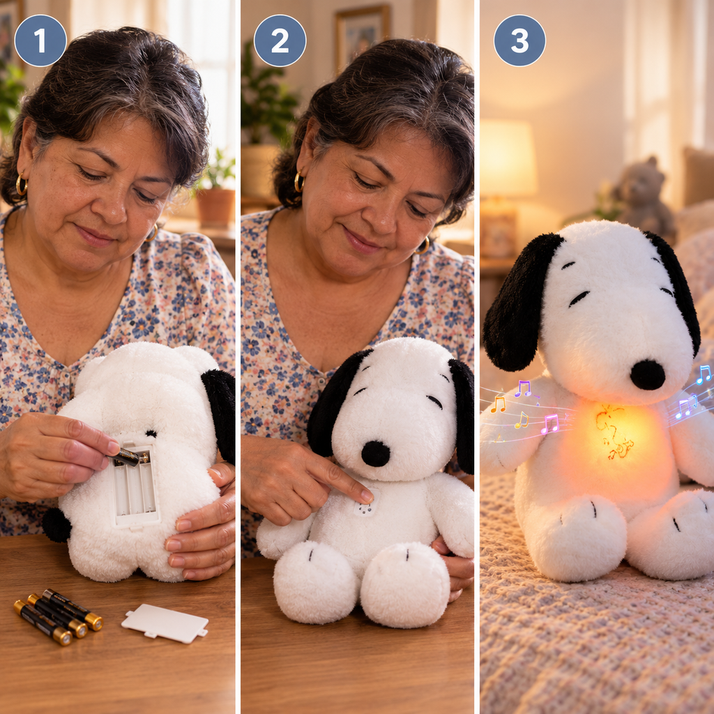 PELUCHE SNOOPY QUE RESPIRA CON MÚSICA RELAJANTE Y LUZ CÁLIDA + 🛻 ENVÍO GRATIS