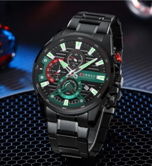 ⌚ RELOJ CURREN PARA HOMBRE NEGRO CON DETALLES VERDES Y ROJOS | ESTILO DEPORTIVO Y ELEGANTE 🖤