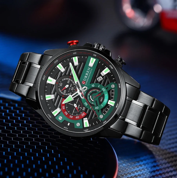 ⌚ RELOJ CURREN PARA HOMBRE NEGRO CON DETALLES VERDES Y ROJOS | ESTILO DEPORTIVO Y ELEGANTE 🖤