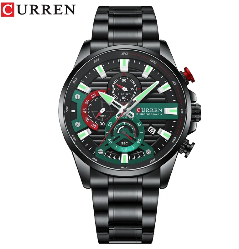 ⌚ RELOJ CURREN PARA HOMBRE NEGRO CON DETALLES VERDES Y ROJOS | ESTILO DEPORTIVO Y ELEGANTE 🖤