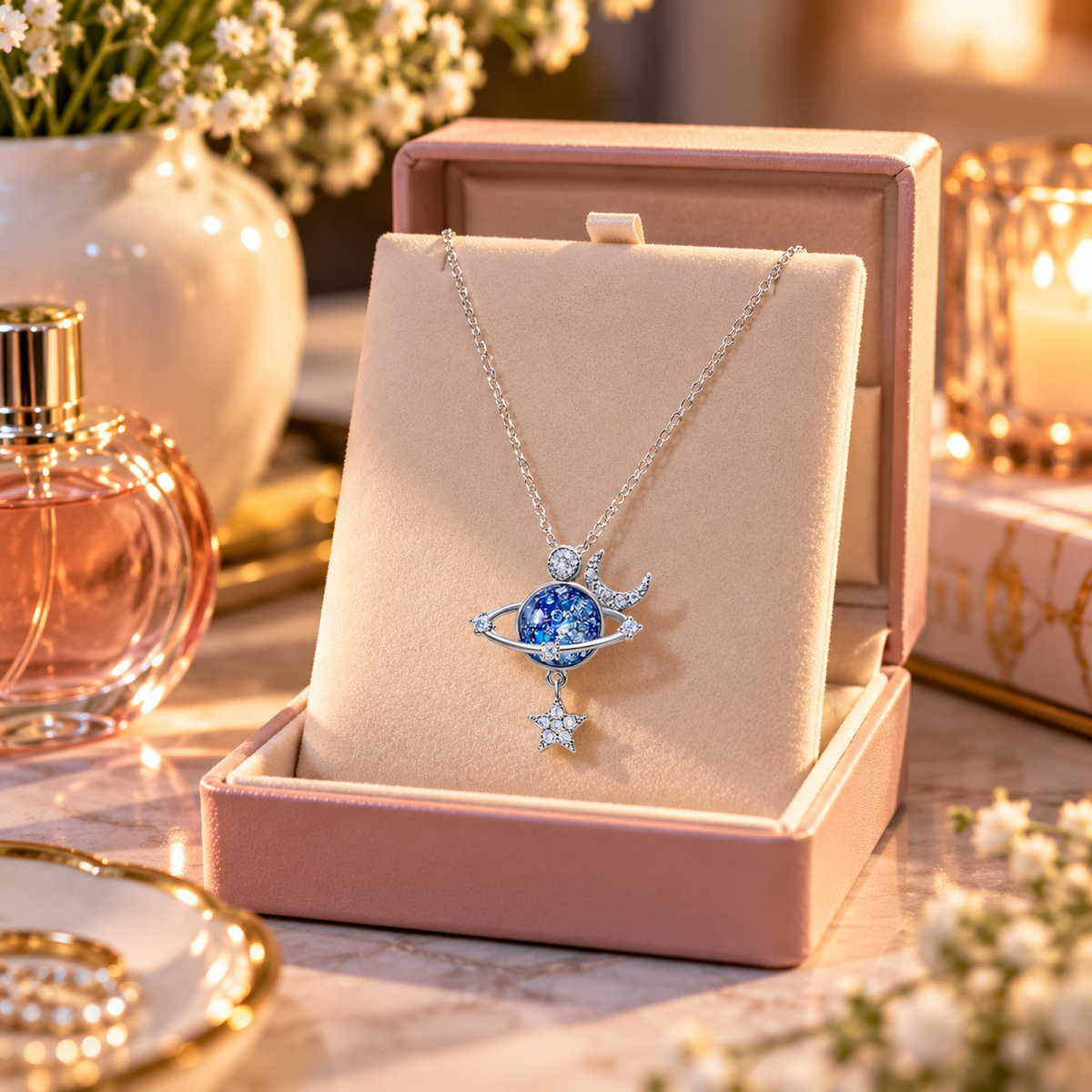 ✨ COLLAR PLANETA AZUL CON LUNA Y ESTRELLA 🌙 Un detalle celestial para expresar tu estilo