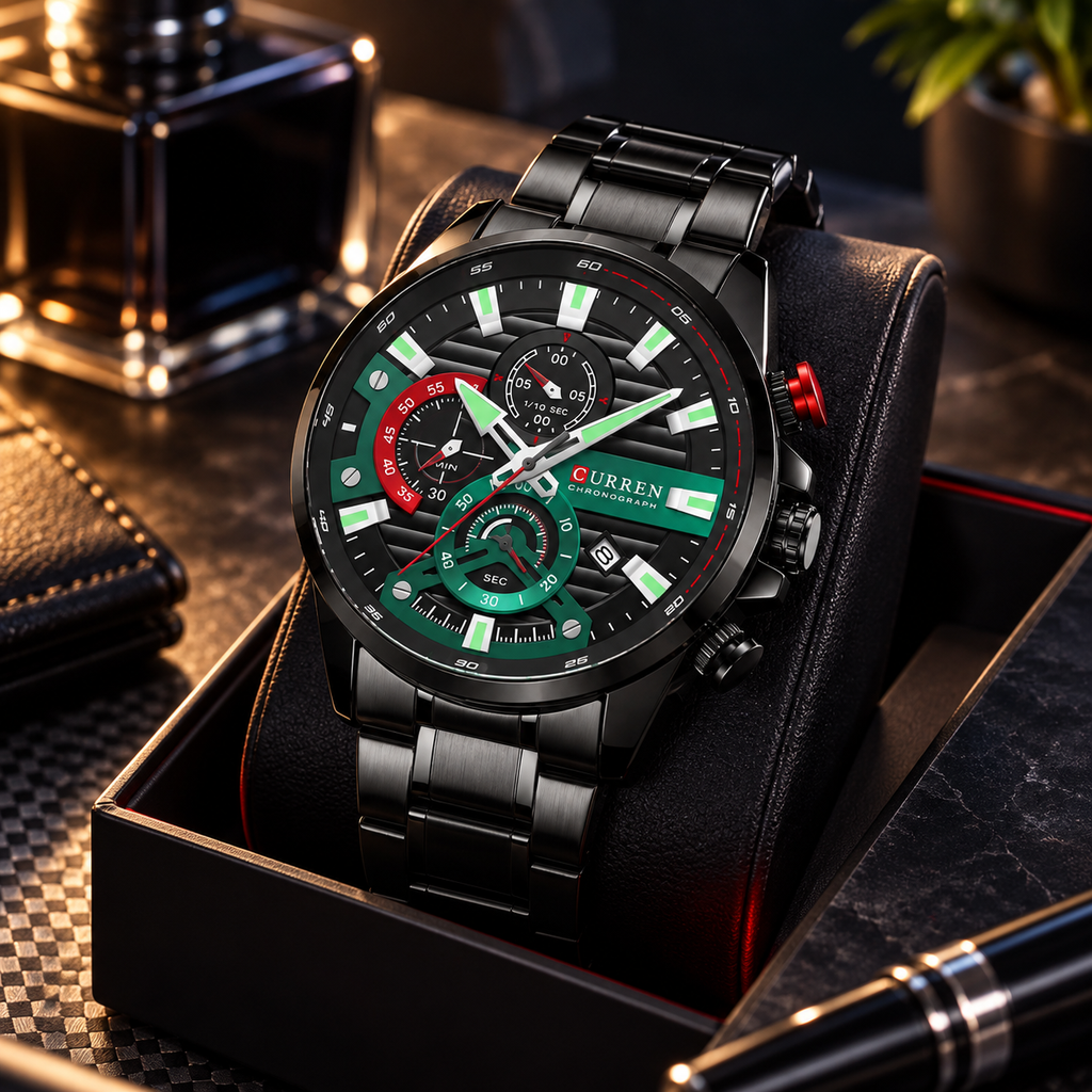 ⌚ RELOJ CURREN PARA HOMBRE NEGRO CON DETALLES VERDES Y ROJOS | ESTILO DEPORTIVO Y ELEGANTE 🖤
