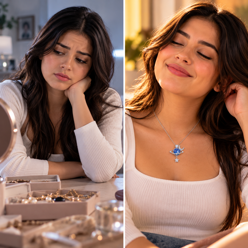 ✨ COLLAR PLANETA AZUL CON LUNA Y ESTRELLA 🌙 Un detalle celestial para expresar tu estilo