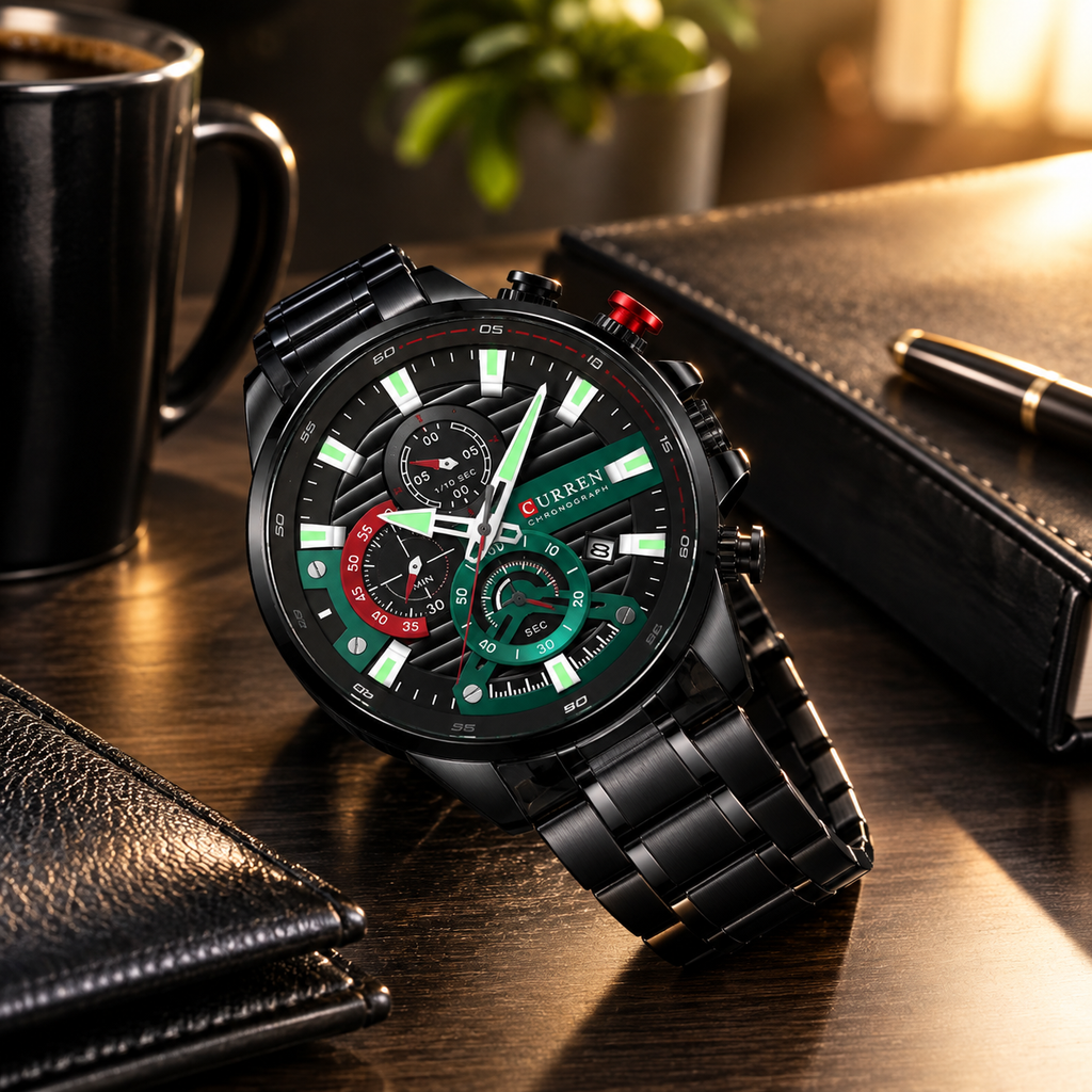 ⌚ RELOJ CURREN PARA HOMBRE NEGRO CON DETALLES VERDES Y ROJOS | ESTILO DEPORTIVO Y ELEGANTE 🖤