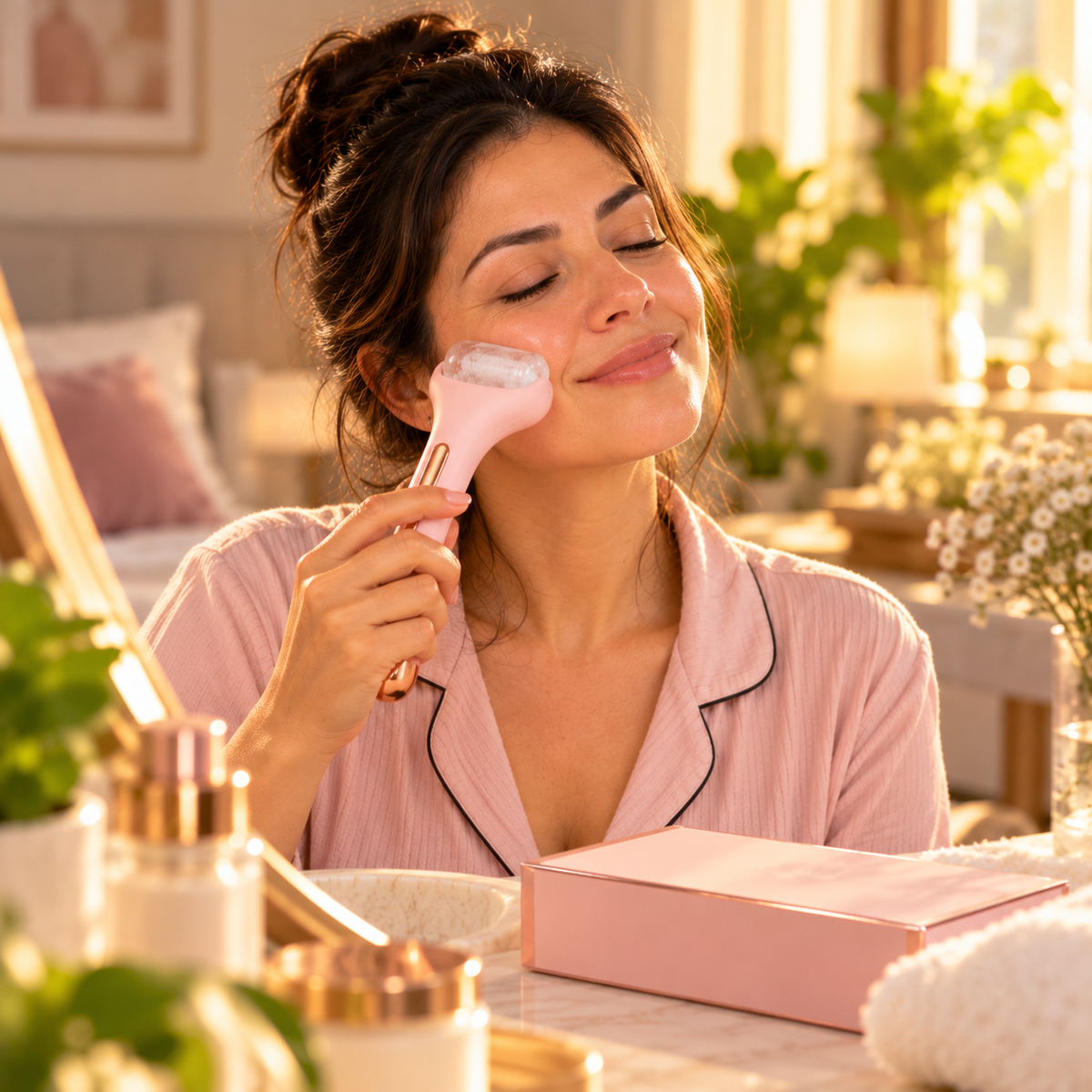 🌸 MASAJEADOR FACIAL ELÉCTRICO ROSA PARA TU RUTINA DE BELLEZA EN CASA ✨