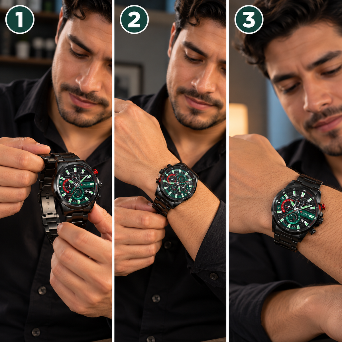 ⌚ RELOJ CURREN PARA HOMBRE NEGRO CON DETALLES VERDES Y ROJOS | ESTILO DEPORTIVO Y ELEGANTE 🖤