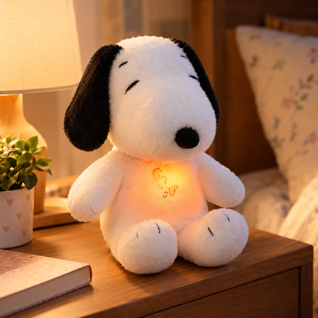 PELUCHE SNOOPY QUE RESPIRA CON MÚSICA RELAJANTE Y LUZ CÁLIDA + 🛻 ENVÍO GRATIS
