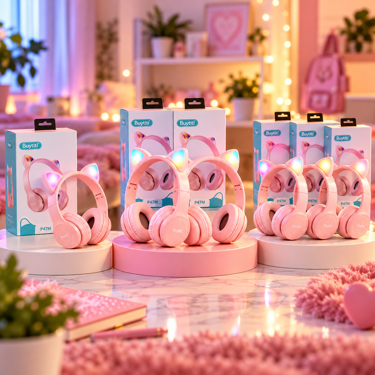 🐱 AUDÍFONOS INALÁMBRICOS BUYTITI P47M CON OREJAS DE GATO, LUCES RGB Y BLUETOOTH 5.0 🎧