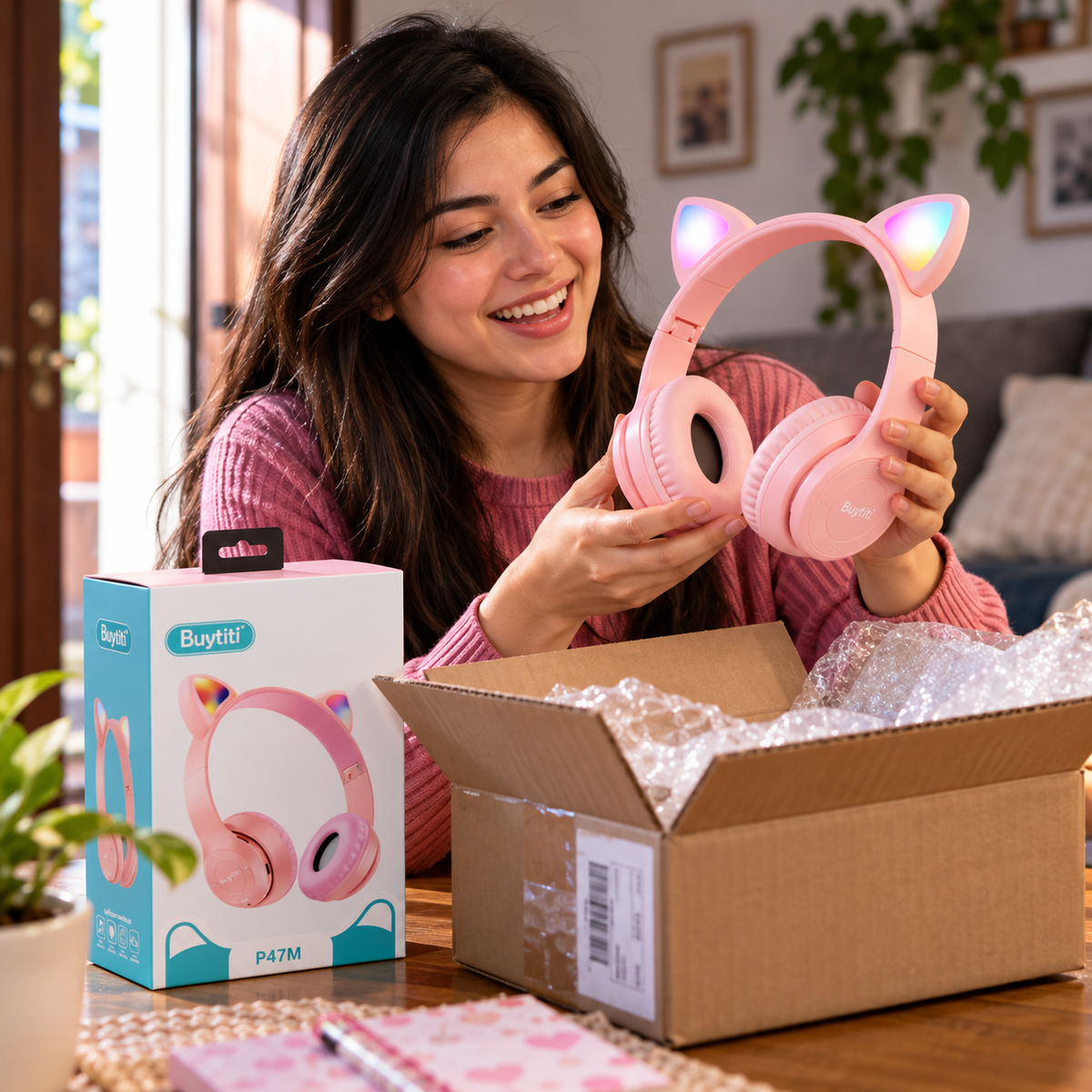 🐱 AUDÍFONOS INALÁMBRICOS BUYTITI P47M CON OREJAS DE GATO, LUCES RGB Y BLUETOOTH 5.0 🎧