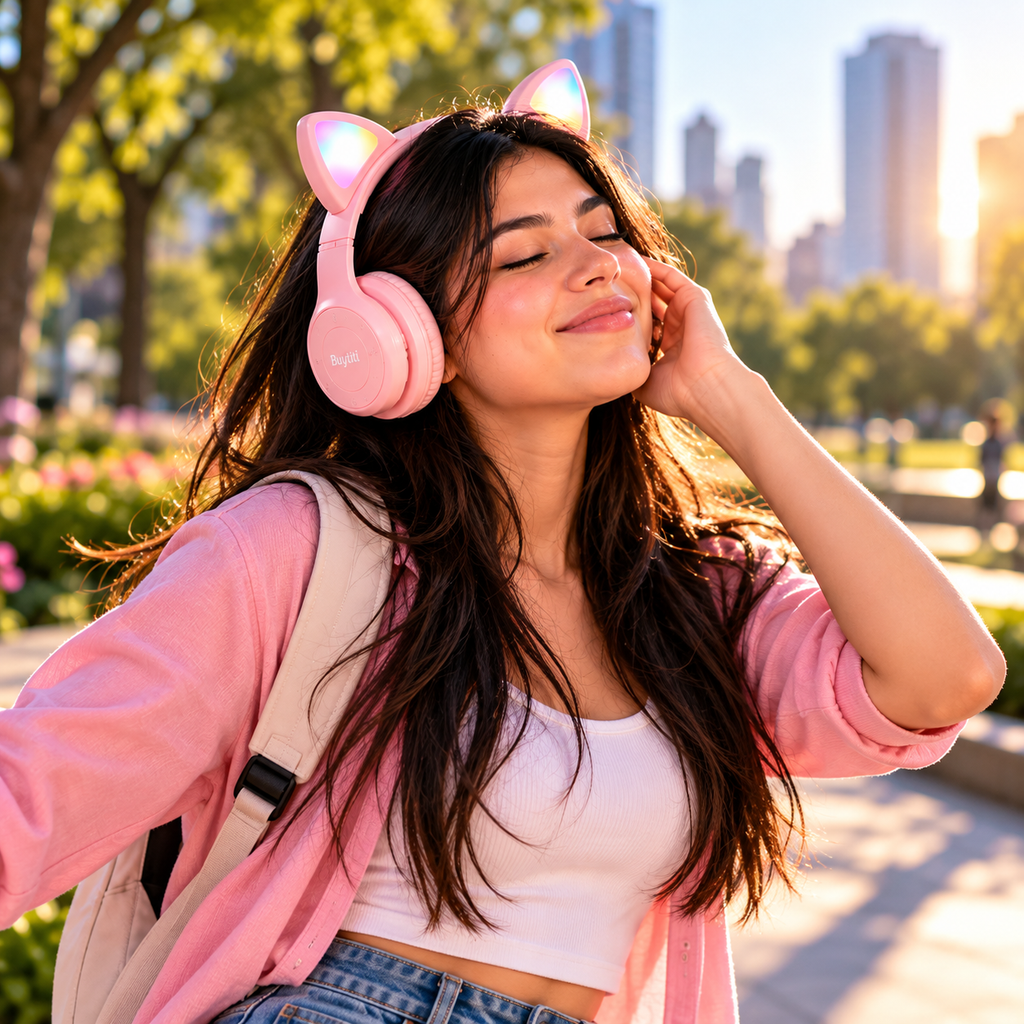 🐱 AUDÍFONOS INALÁMBRICOS BUYTITI P47M CON OREJAS DE GATO, LUCES RGB Y BLUETOOTH 5.0 🎧
