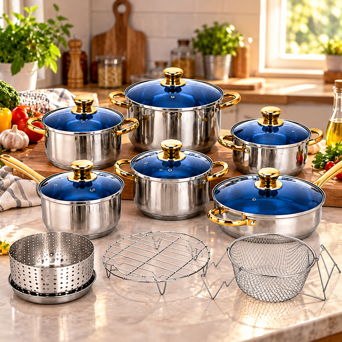 🍳 SET DE OLLAS Y SARTENES DE ACERO INOXIDABLE CON TAPAS AZULES Y ACCESORIOS DE COCINA ✨
