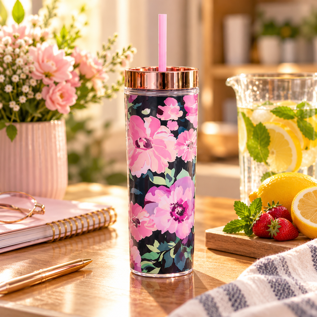 🌸 VASO TÉRMICO FLORAL CON DOBLE PARED, POPOTE REUTILIZABLE Y TAPA ANTIDERRAMES 💖