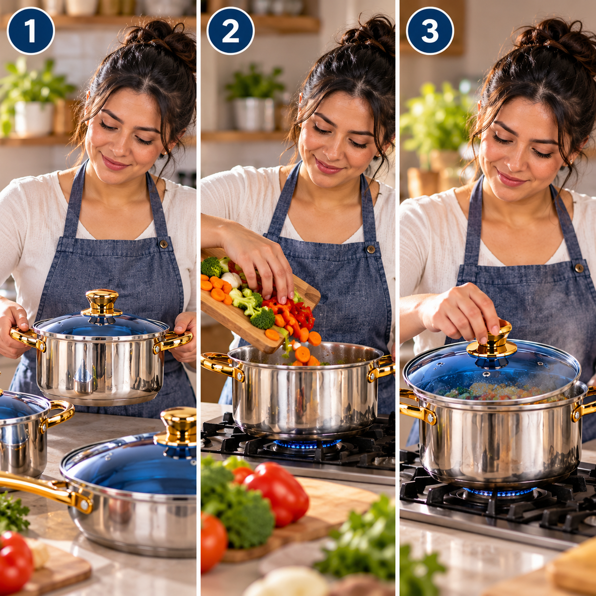 🍳 SET DE OLLAS Y SARTENES DE ACERO INOXIDABLE CON TAPAS AZULES Y ACCESORIOS DE COCINA ✨