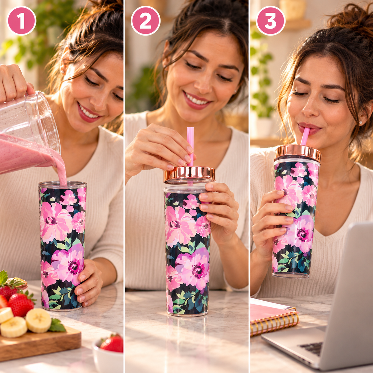 🌸 VASO TÉRMICO FLORAL CON DOBLE PARED, POPOTE REUTILIZABLE Y TAPA ANTIDERRAMES 💖