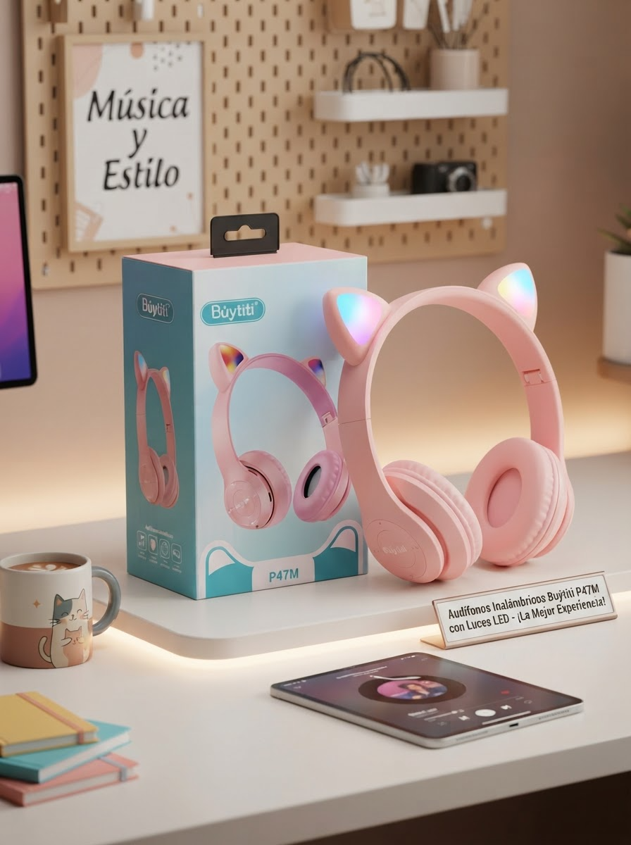 🐱 AUDÍFONOS INALÁMBRICOS BUYTITI P47M CON OREJAS DE GATO, LUCES RGB Y BLUETOOTH 5.0 🎧