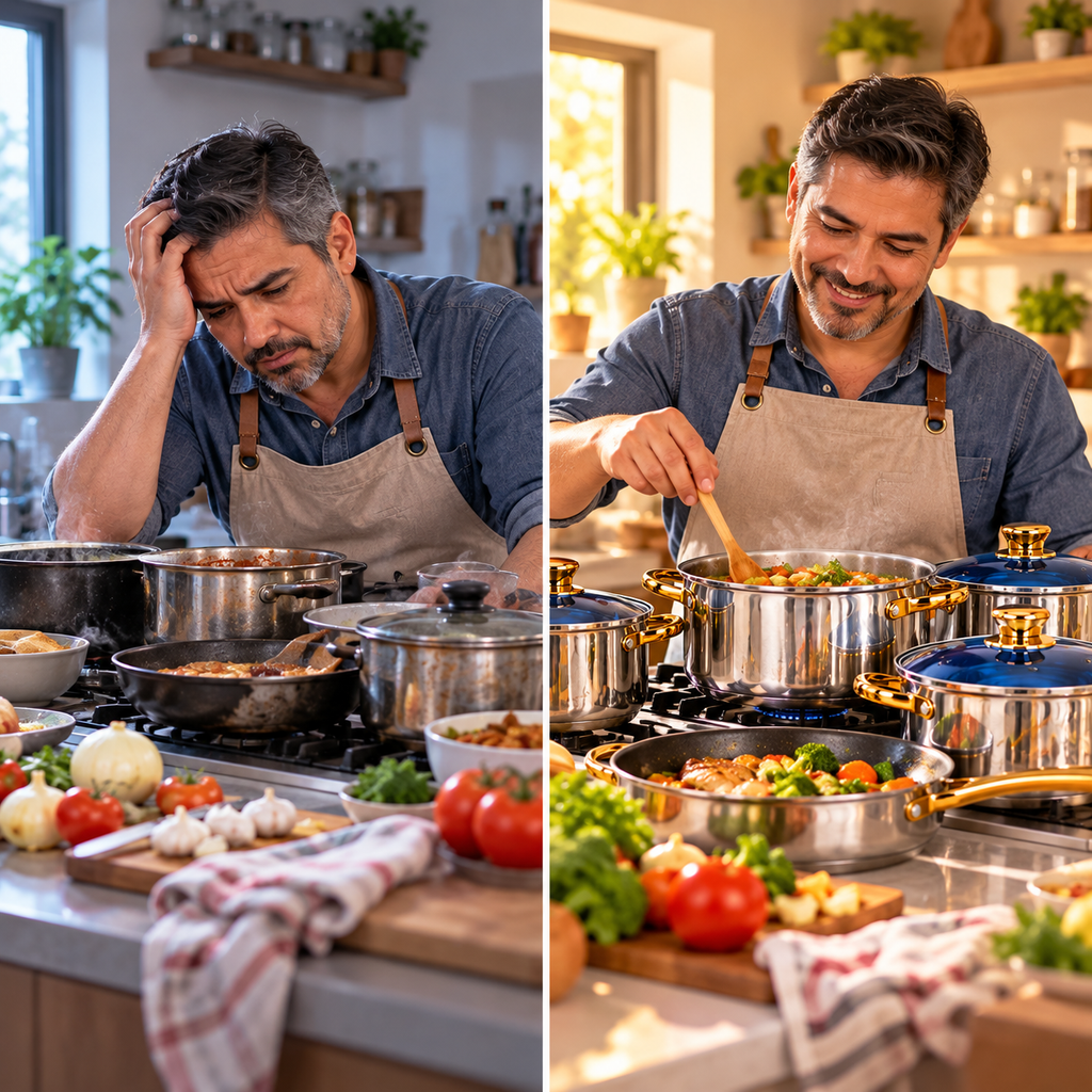 🍳 SET DE OLLAS Y SARTENES DE ACERO INOXIDABLE CON TAPAS AZULES Y ACCESORIOS DE COCINA ✨
