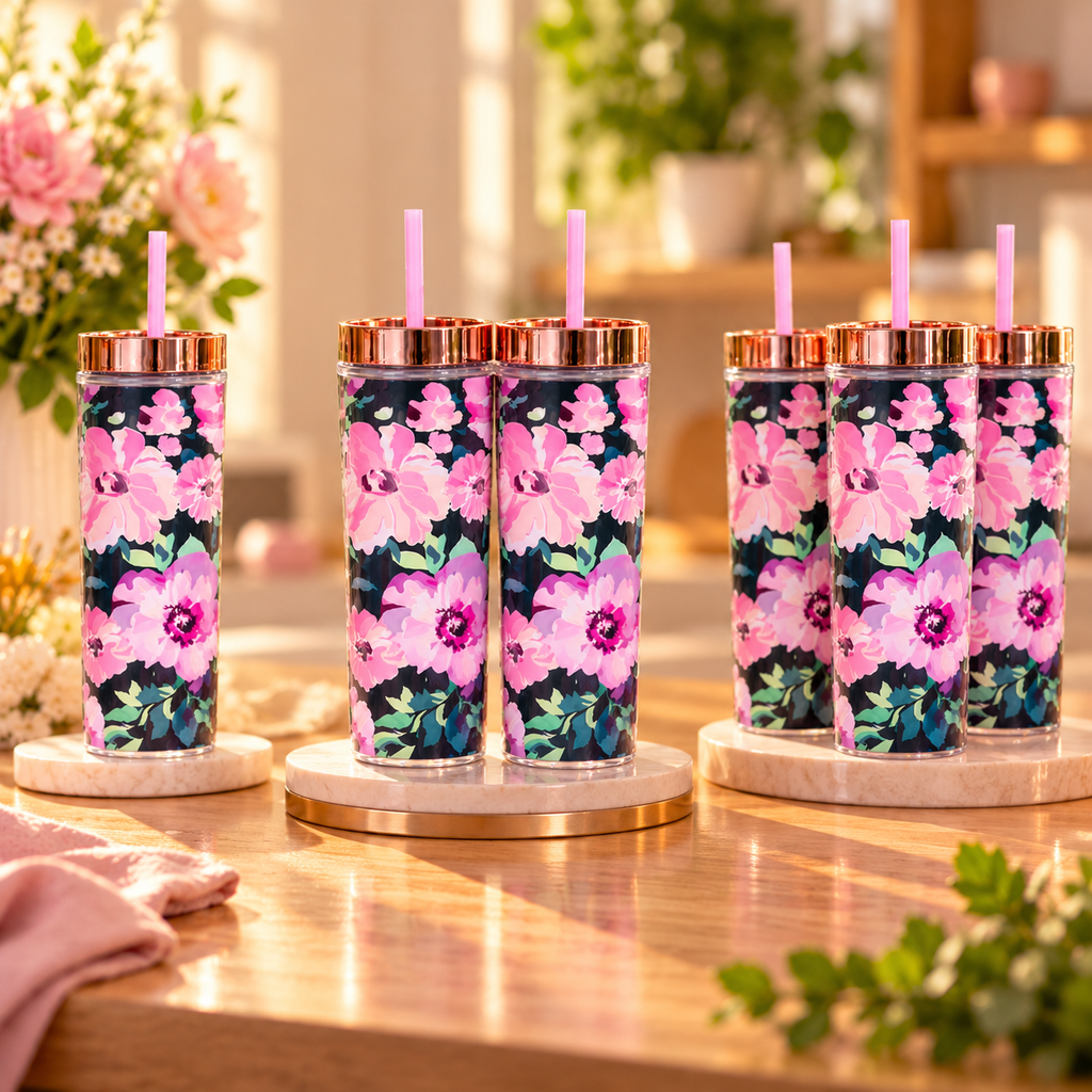 🌸 VASO TÉRMICO FLORAL CON DOBLE PARED, POPOTE REUTILIZABLE Y TAPA ANTIDERRAMES 💖