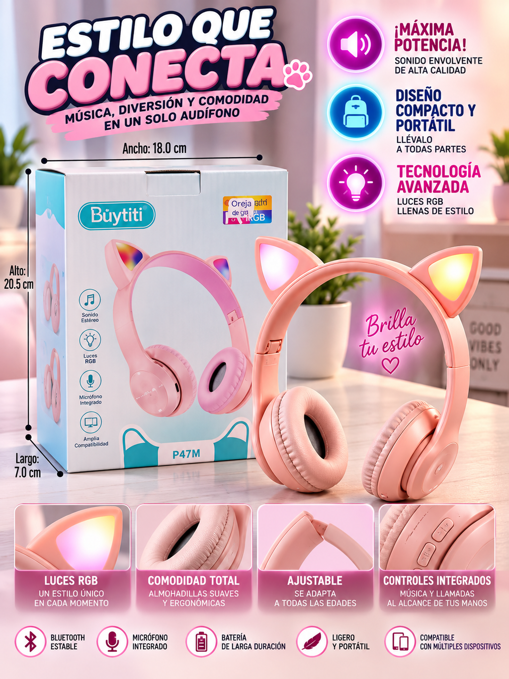 🐱 AUDÍFONOS INALÁMBRICOS BUYTITI P47M CON OREJAS DE GATO, LUCES RGB Y BLUETOOTH 5.0 🎧