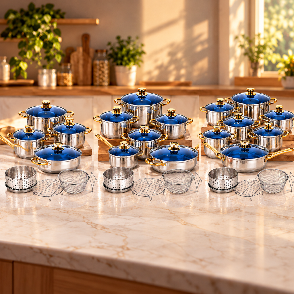 🍳 SET DE OLLAS Y SARTENES DE ACERO INOXIDABLE CON TAPAS AZULES Y ACCESORIOS DE COCINA ✨