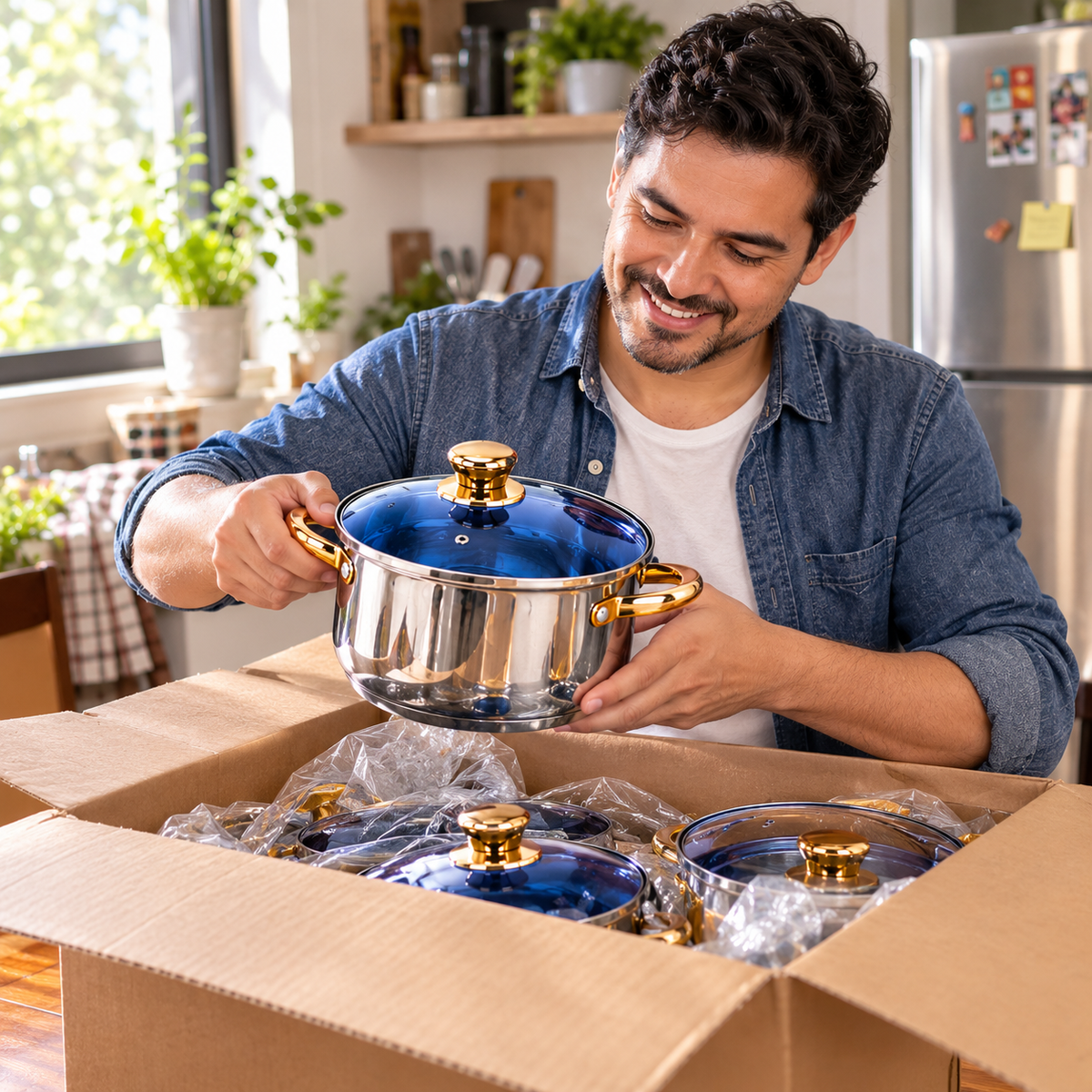 🍳 SET DE OLLAS Y SARTENES DE ACERO INOXIDABLE CON TAPAS AZULES Y ACCESORIOS DE COCINA ✨