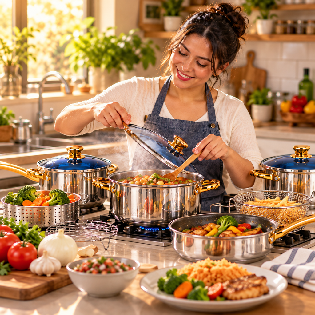 🍳 SET DE OLLAS Y SARTENES DE ACERO INOXIDABLE CON TAPAS AZULES Y ACCESORIOS DE COCINA ✨