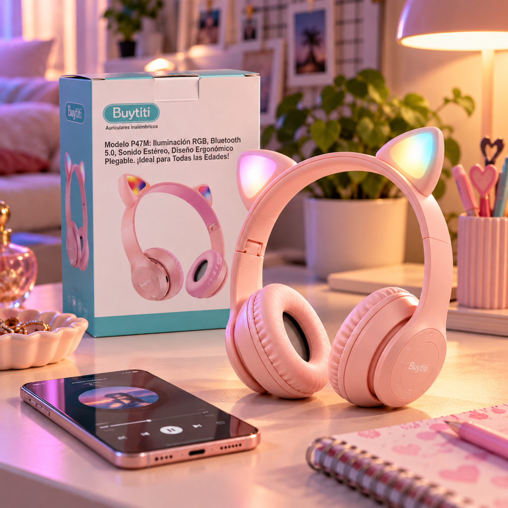🐱 AUDÍFONOS INALÁMBRICOS BUYTITI P47M CON OREJAS DE GATO, LUCES RGB Y BLUETOOTH 5.0 🎧