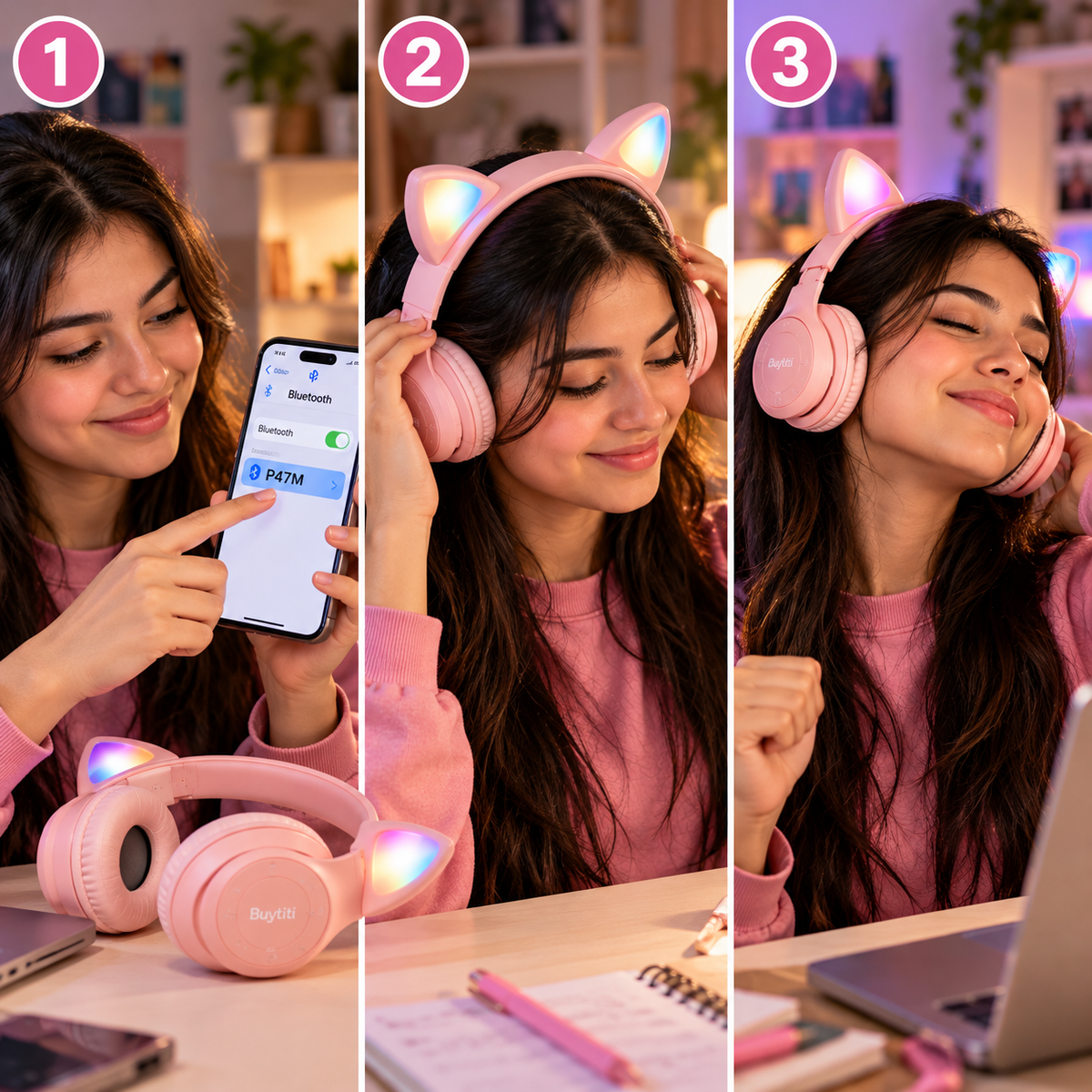 🐱 AUDÍFONOS INALÁMBRICOS BUYTITI P47M CON OREJAS DE GATO, LUCES RGB Y BLUETOOTH 5.0 🎧