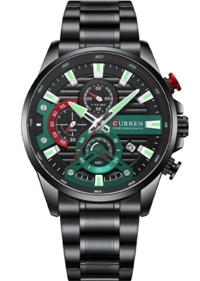 ⌚ RELOJ CURREN PARA HOMBRE NEGRO CON DETALLES VERDES Y ROJOS | ESTILO DEPORTIVO Y ELEGANTE 🖤